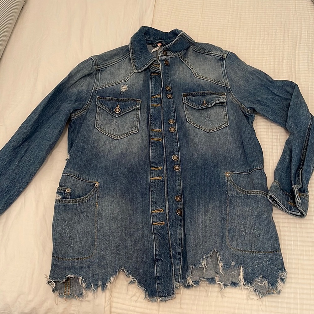 Free People - Moonchild - distressed long Jean coat/jacket/shacket